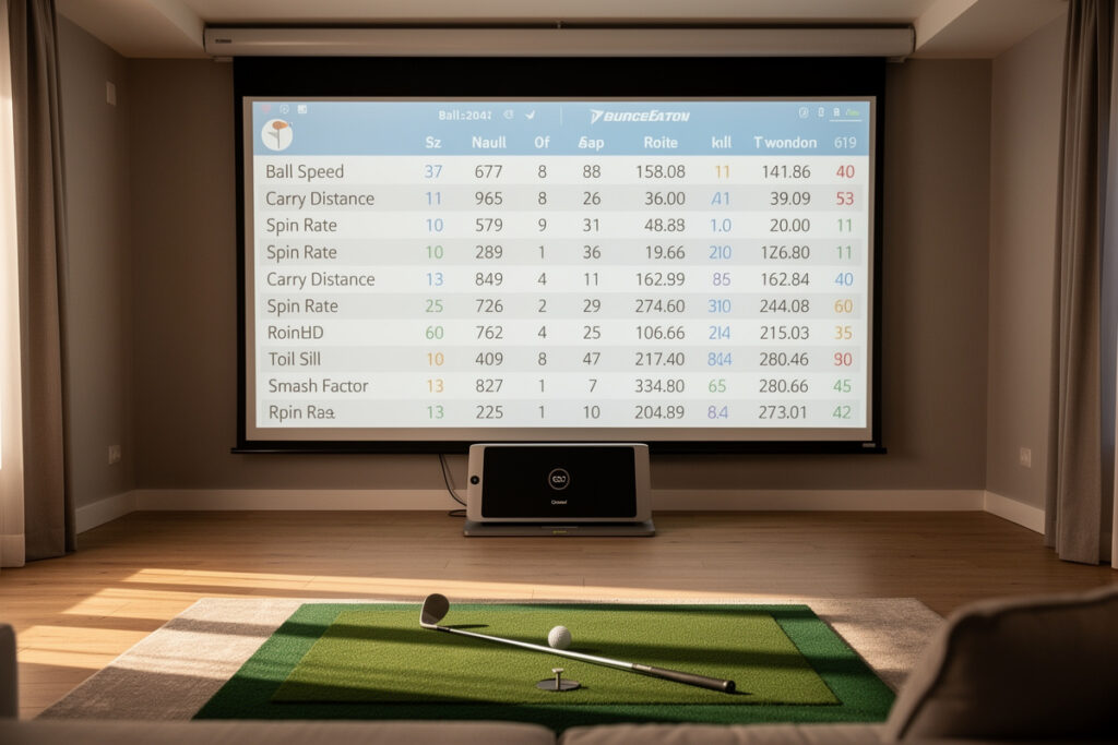 Golf launch monitor data table showing ball speed, carry, spin and smash factor