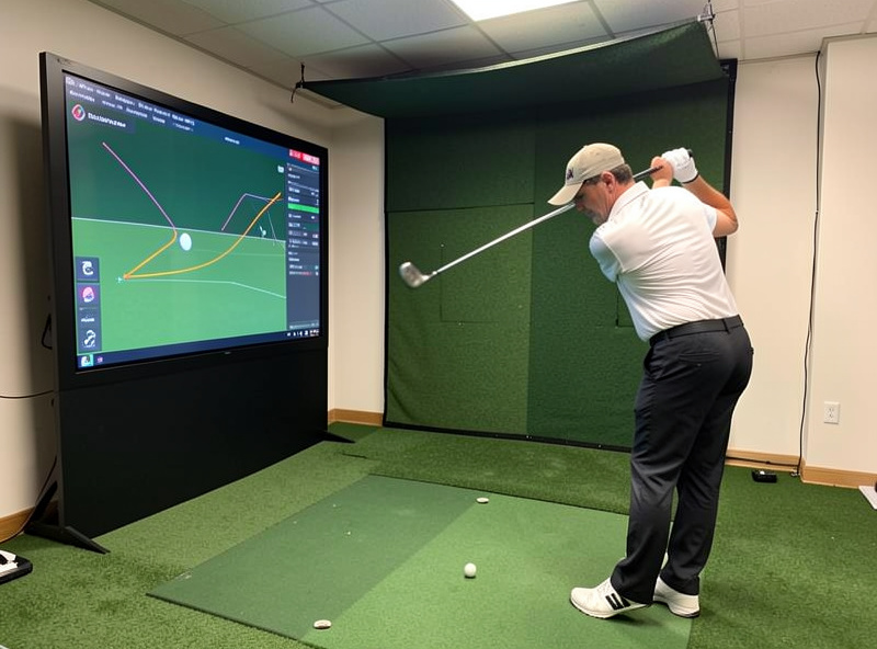 Golfer hitting an iron in a home simulator with ball flight shown on the impact screen