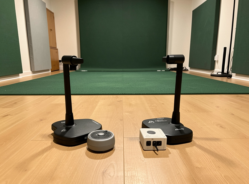 A budget radar launch monitor and a photometric unit placed side by side in a home simulator