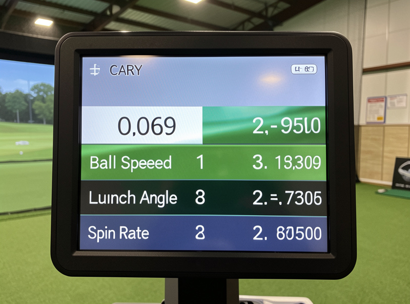 Close-up of a golf launch monitor screen showing carry distance, ball speed, and spin rate