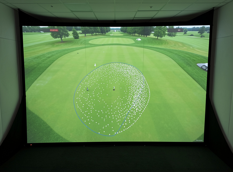 Golf shot dispersion oval of landing dots displayed on a simulator screen