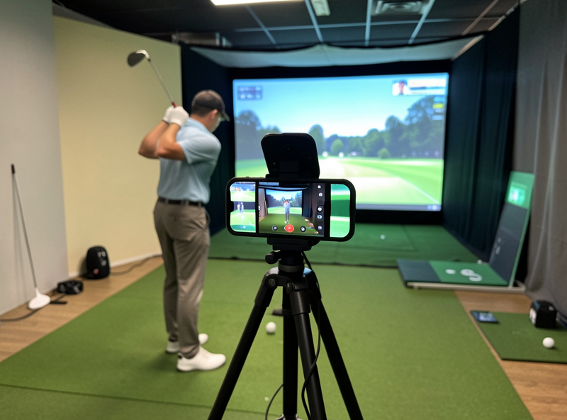 Smartphone on a tripod set up down-the-line behind a golfer in a home simulator for video analysis