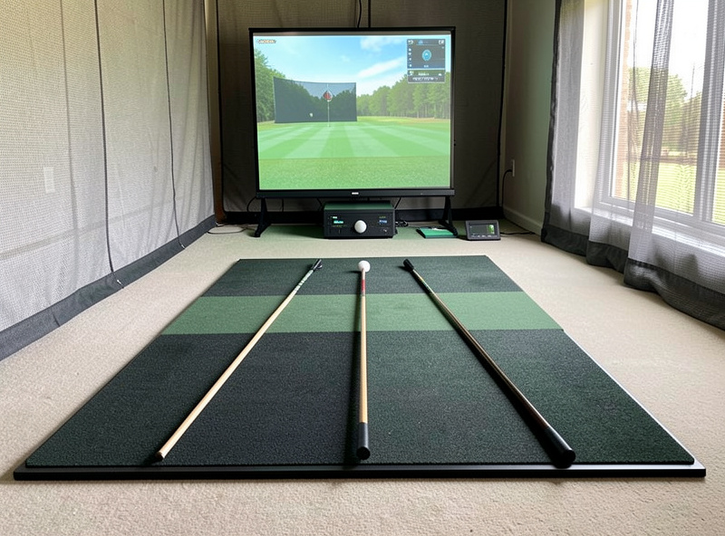 Home golf simulator room set up for a structured winter practice session with launch monitor and impact screen