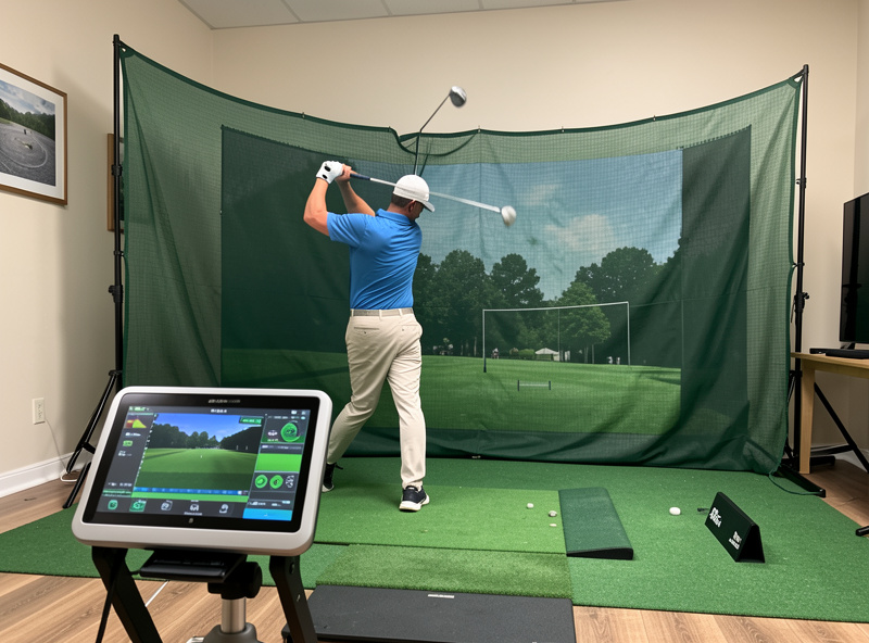 Golfer mid-swing in a home simulator hitting into an impact screen with launch monitor reading carry distance
