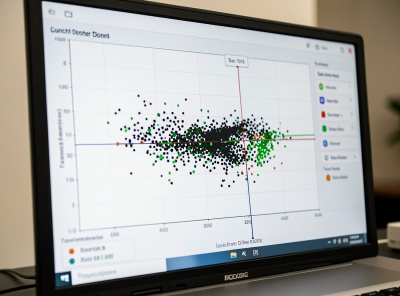 Launch monitor dispersion chart on a screen showing shot scatter pattern around a target line in a golf simulator