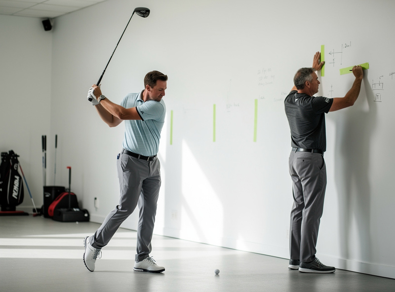 Golfer making a slow driver swing while marking the highest clubhead point against an indoor wall
