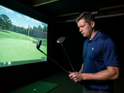 Golfer looking frustrated at the screen after a putt in a home golf simulator
