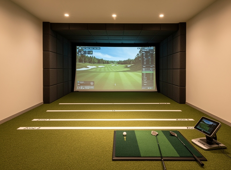 Side-view layout of a golf simulator room showing screen offset, ball flight, and standback zones stacked front to back