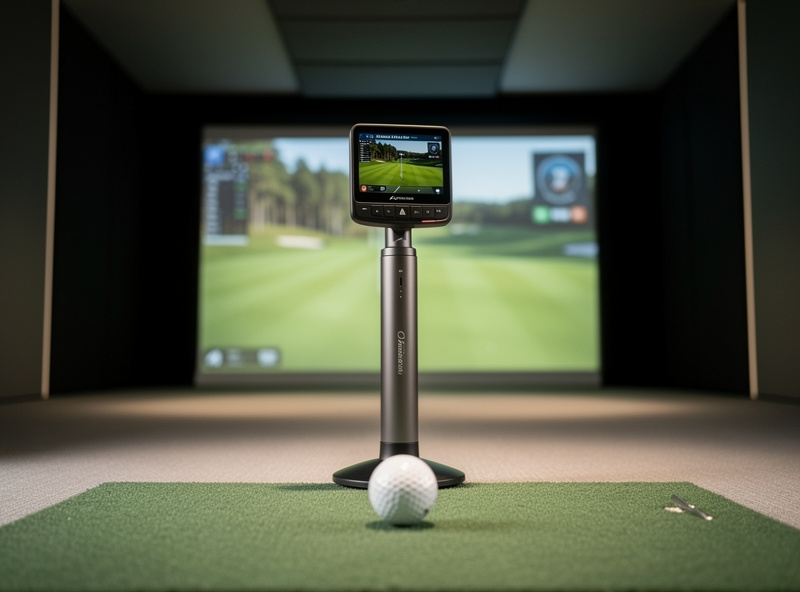 Behind-ball radar launch monitor positioned with read distance behind the golf ball in a deep simulator room