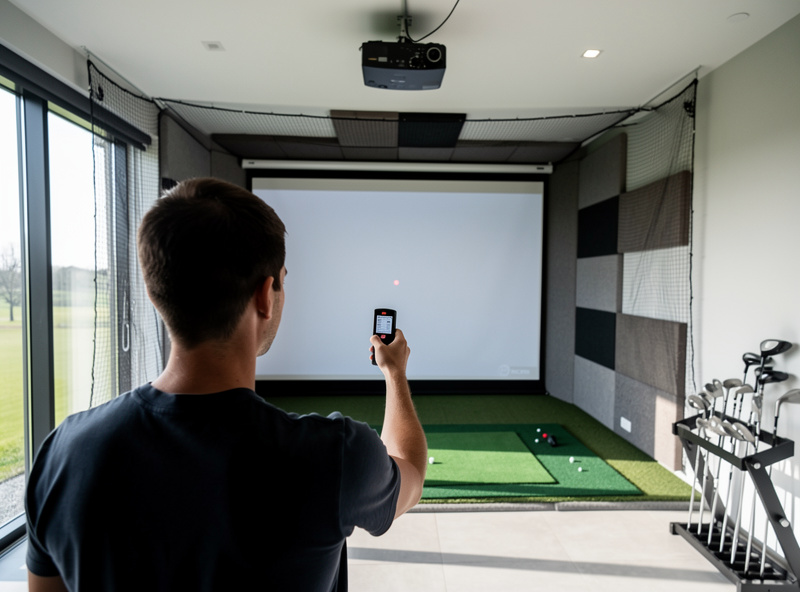 Person using a laser distance measure to check room depth in a golf simulator space