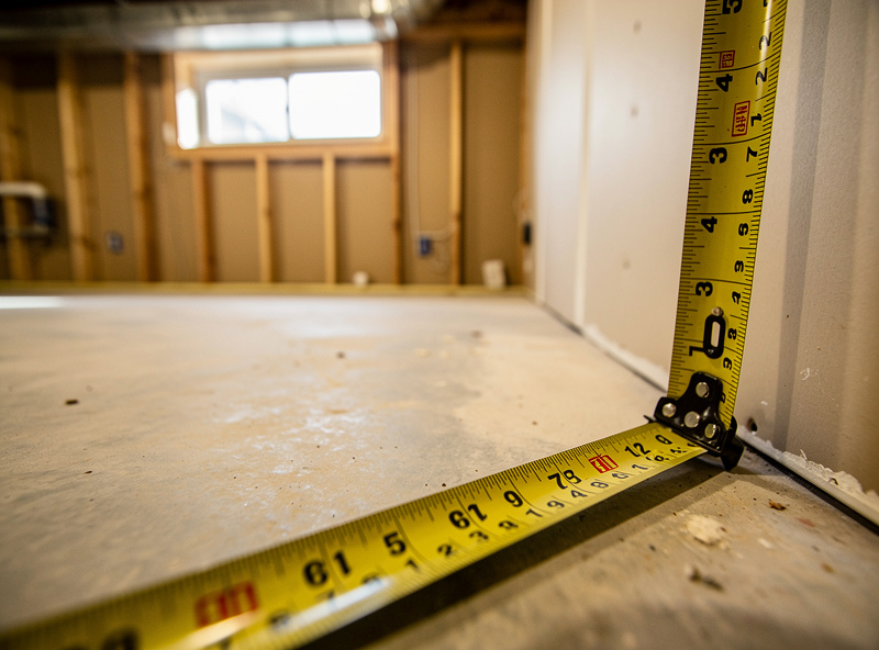 Tape measure stretched across a basement room marking golf simulator dimensions