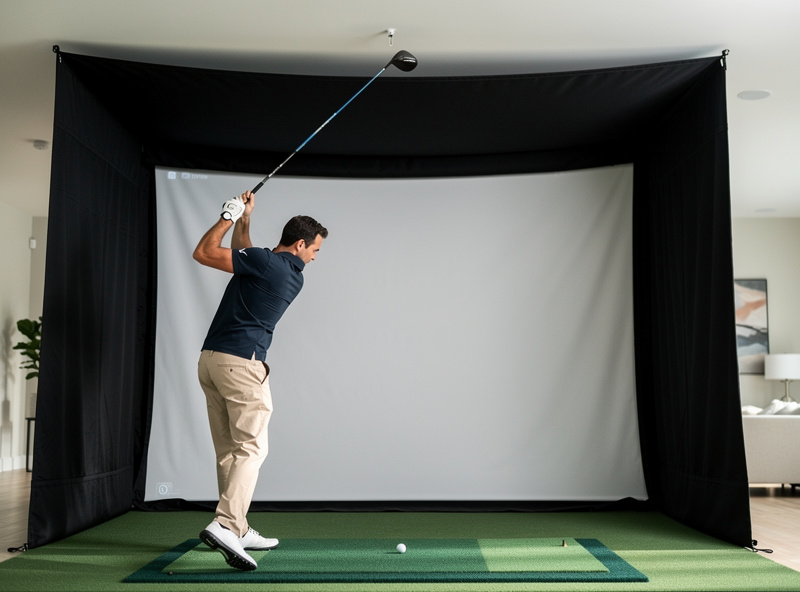 Side view of a golfer's driver swing arc reaching toward the ceiling inside a home simulator enclosure