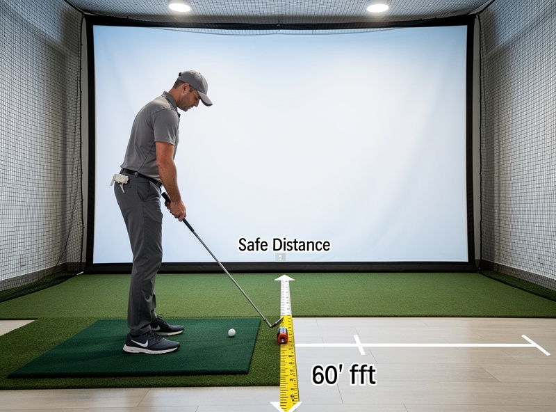 Diagram-style photograph showing the safe standback distance between a golfer and a golf simulator impact screen