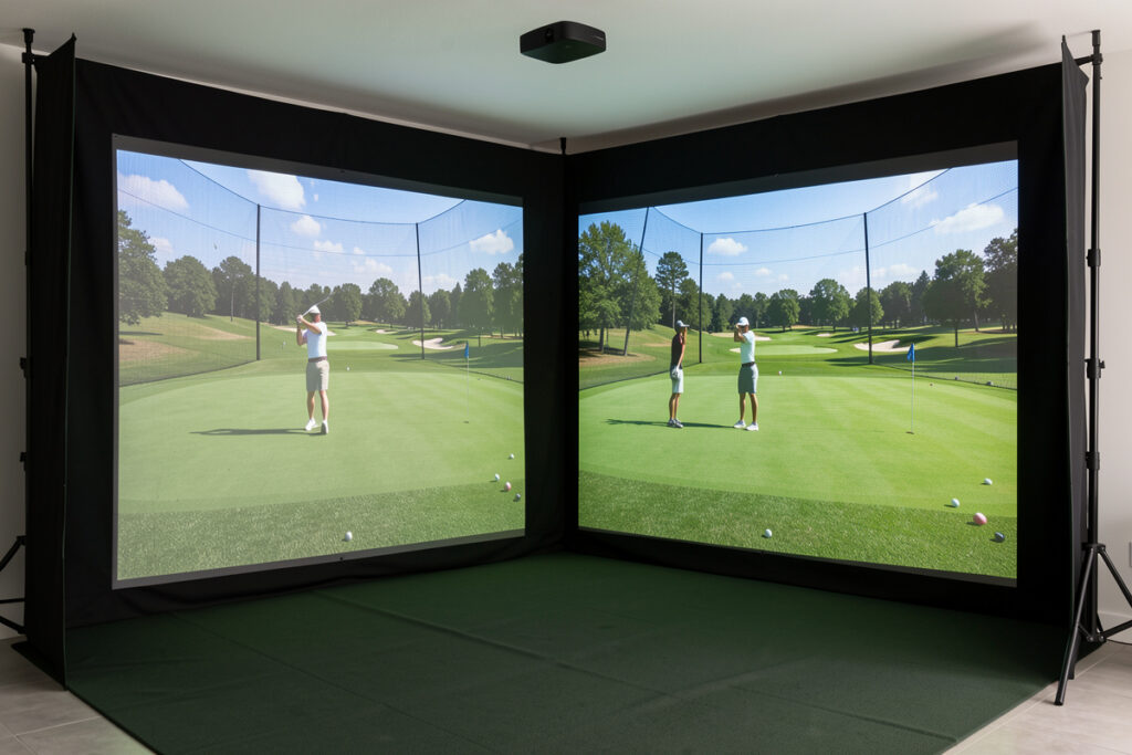 GSPro and E6 Connect course renders compared on a home sim screen