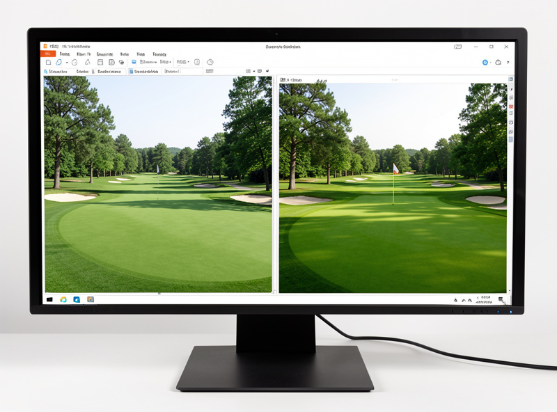 Two golf simulator software course renders shown side by side on a screen for comparison