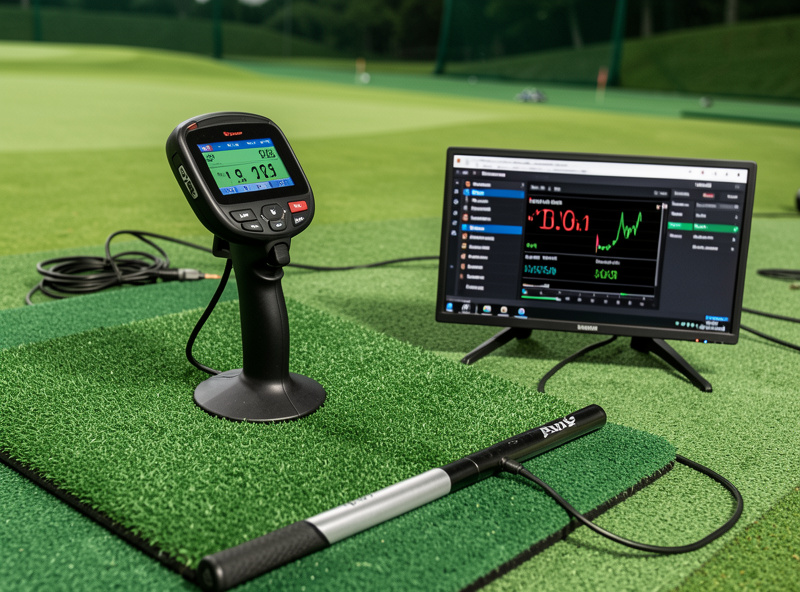 Launch monitor on a hitting mat feeding shot data into golf simulator software