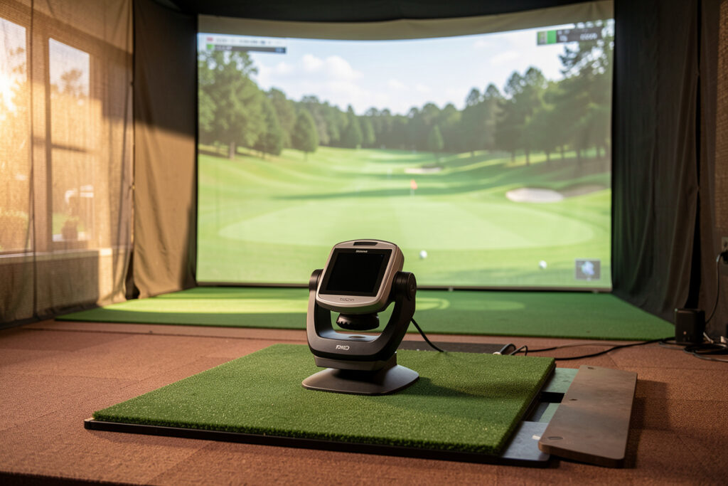 High-end golf launch monitor on a hitting mat in a home simulator enclosure