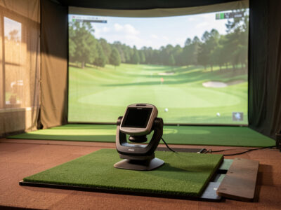 High-end golf launch monitor on a hitting mat in a home simulator enclosure