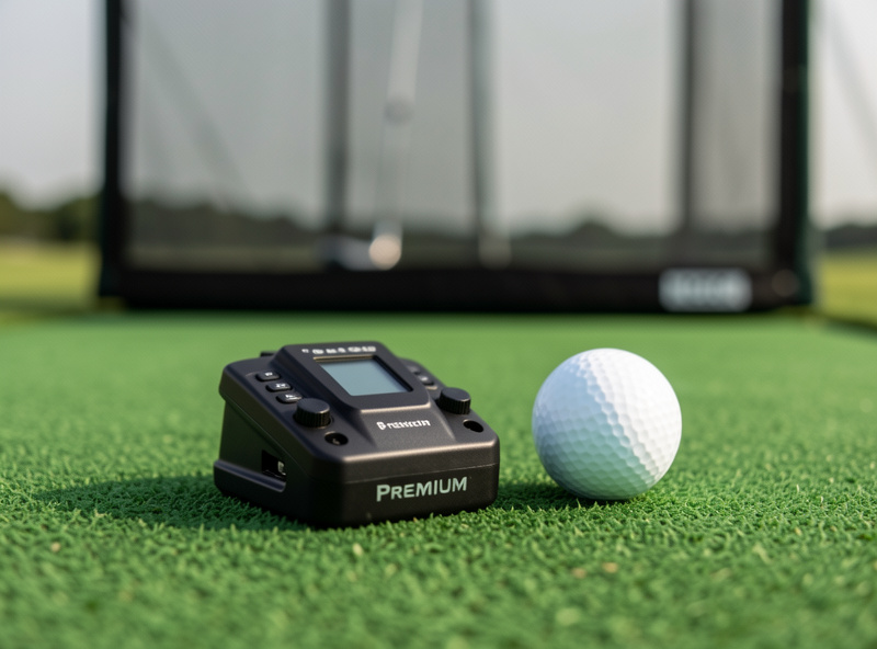 Premium golf launch monitor positioned on a mat inside a home simulator enclosure
