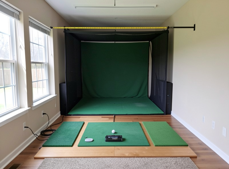 Home golf simulator room showing screen distance and swing clearance behind the hitting mat