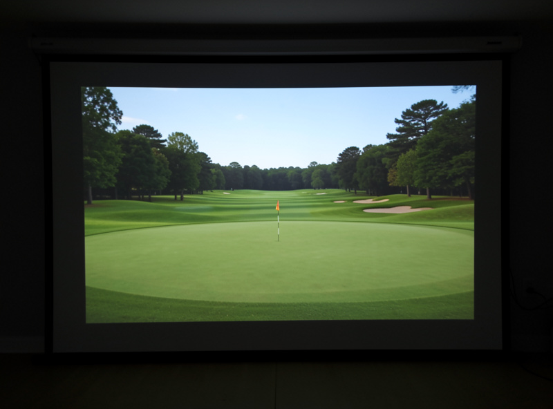 Projected golf course image on a tensioned home impact screen showing smooth even texture