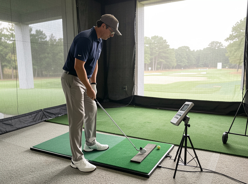 A budget golf launch monitor and a tablet showing shot data beside a hitting mat in a home simulator
