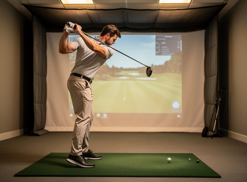 Golfer making a controlled choked-down swing inside a low-ceiling home simulator room