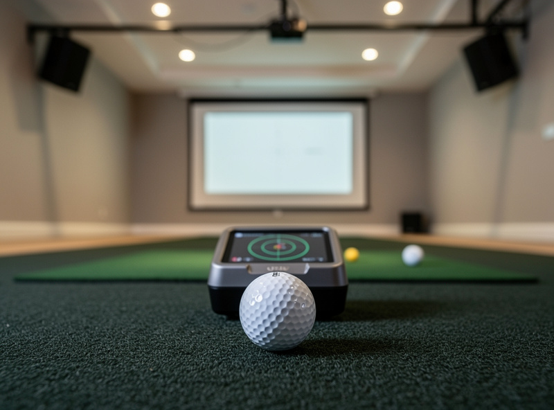 Behind-ball radar launch monitor set up on the floor of a low-ceiling golf simulator room