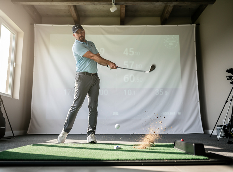 Golfer hitting a wedge shot into an impact screen in a low-ceiling indoor practice room