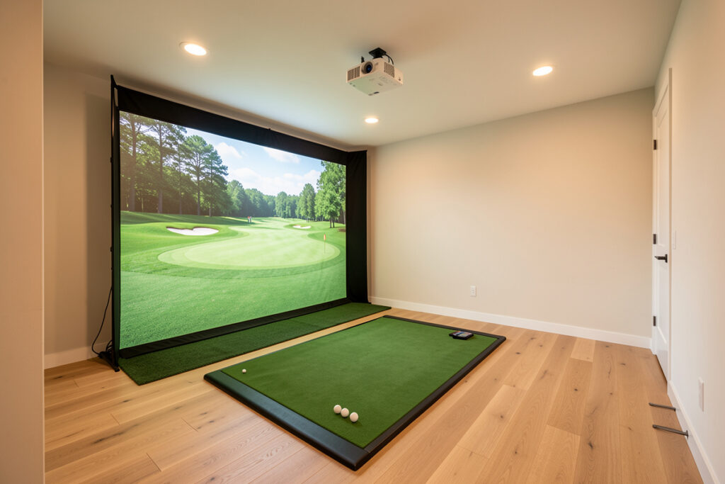 Finished mid-range home golf simulator room with impact screen and short-throw projector