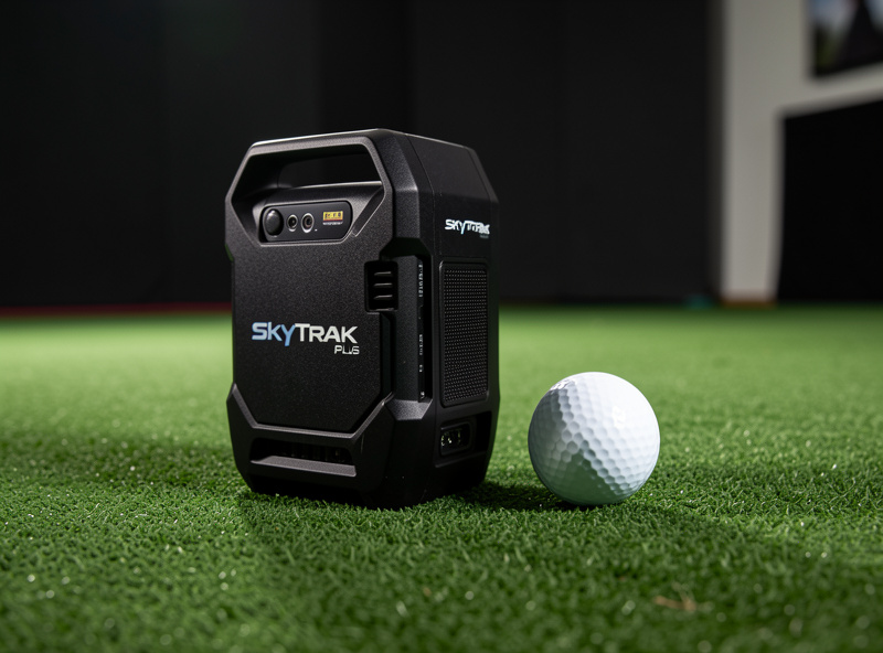 SkyTrak Plus class photometric launch monitor beside a ball on a fairway mat in a home sim