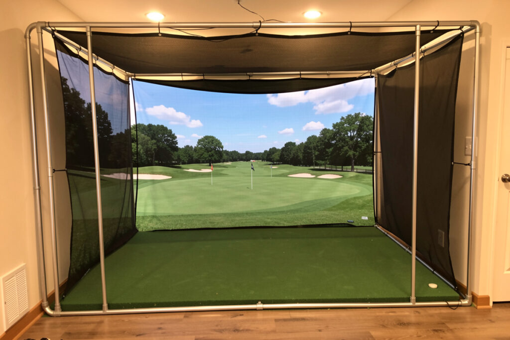 DIY framed mid-range golf simulator enclosure with a commercial impact screen
