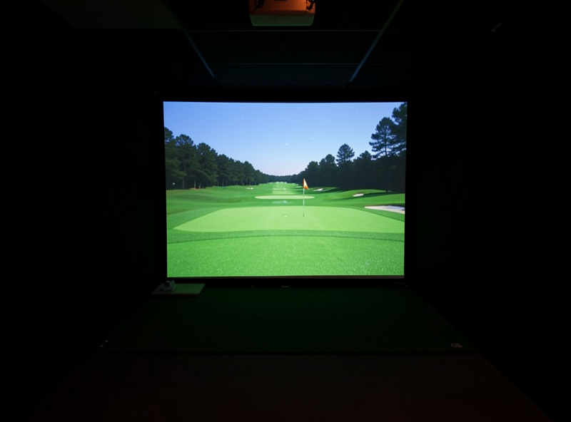 Dim blackout home golf simulator room with a bright projected course