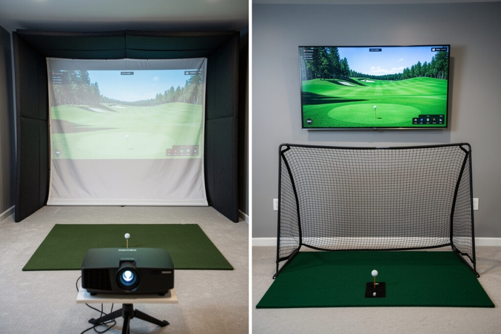 Short-throw projector and impact screen versus a TV beside a hitting net for a golf simulator