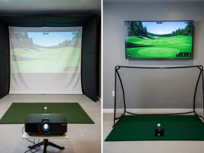Short-throw projector and impact screen versus a TV beside a hitting net for a golf simulator