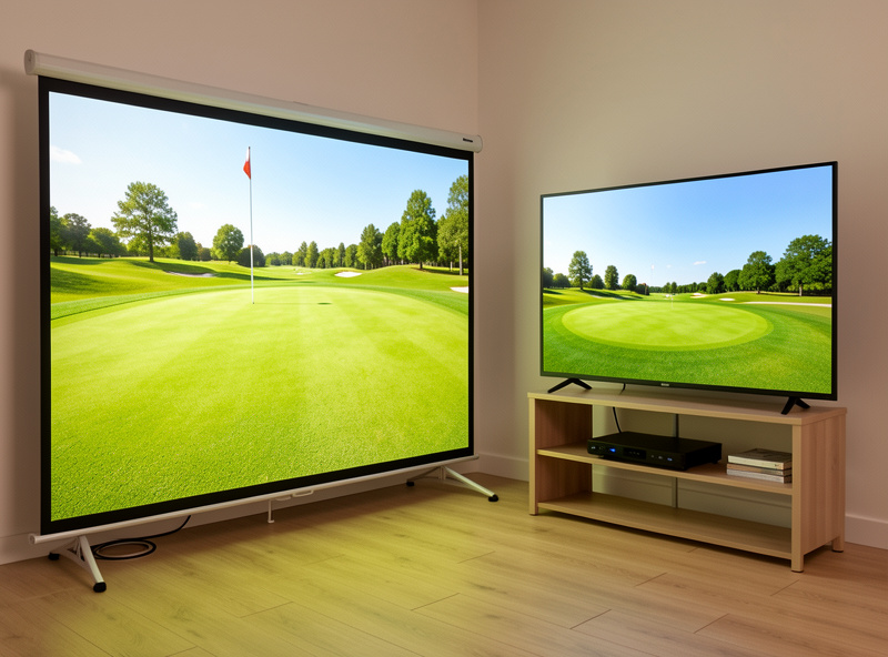 Short-throw projector projecting a golf course onto an impact screen versus a TV mounted beside a hitting net