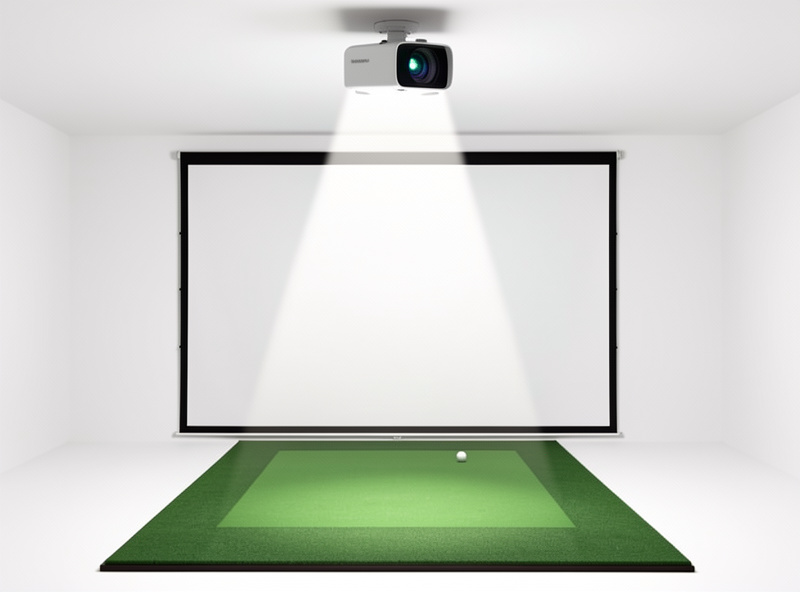 Ceiling-mounted short-throw projector aligned ahead of the hitting position in a golf simulator enclosure