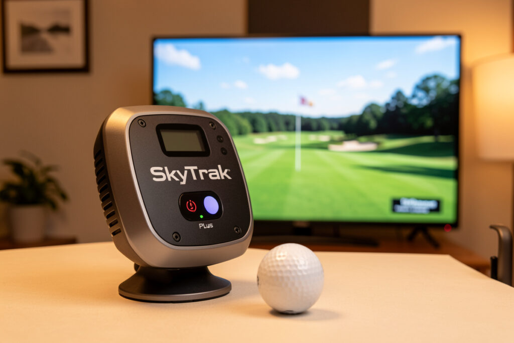 SkyTrak Plus photometric launch monitor in a home golf simulator