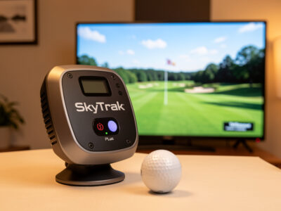 SkyTrak Plus photometric launch monitor in a home golf simulator