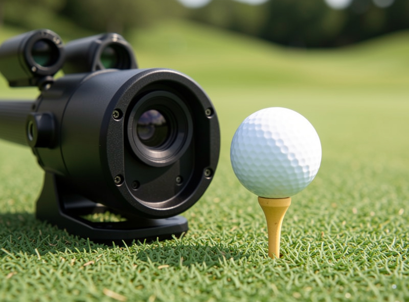 Photometric launch monitor camera unit beside a teed ball on a fairway mat
