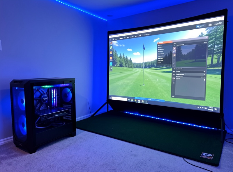Gaming PC running GSPro beside a golf simulator impact screen