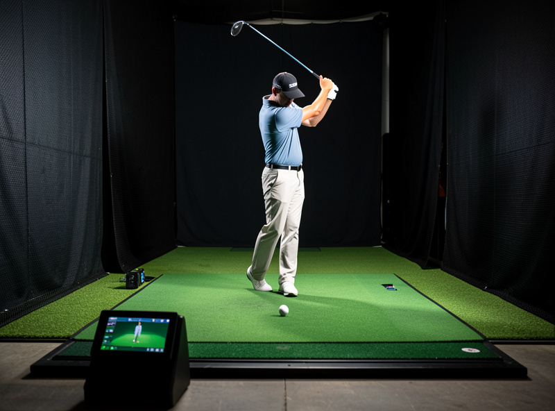 Golfer mid-swing in a home simulator with a launch monitor capturing data