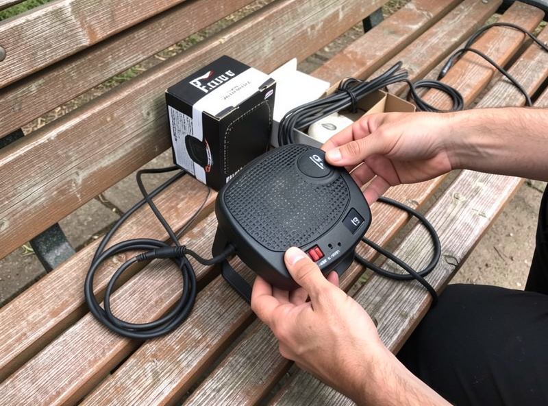 A used golf launch monitor with its box and cables on a workbench being inspected before purchase